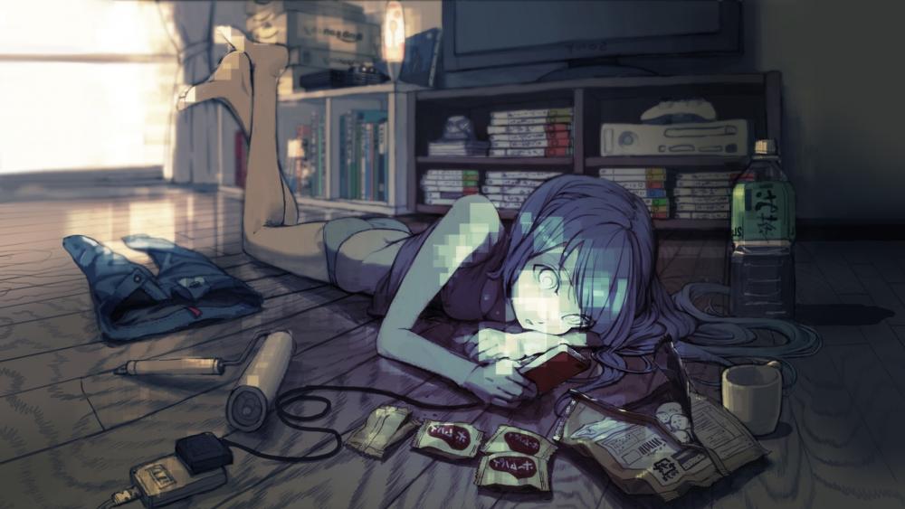 Blue-haired anime gamer girl wallpaper
