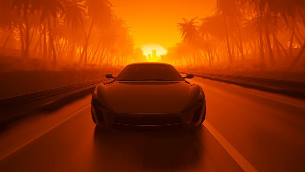 Synthwave car on the road in the sunset wallpaper