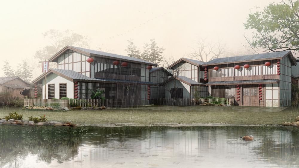 3D lakeside house in the rain wallpaper