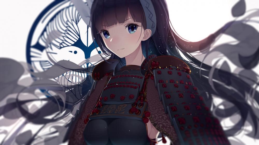 Samurai anime girl in armor with dark hair and blue eyes wallpaper