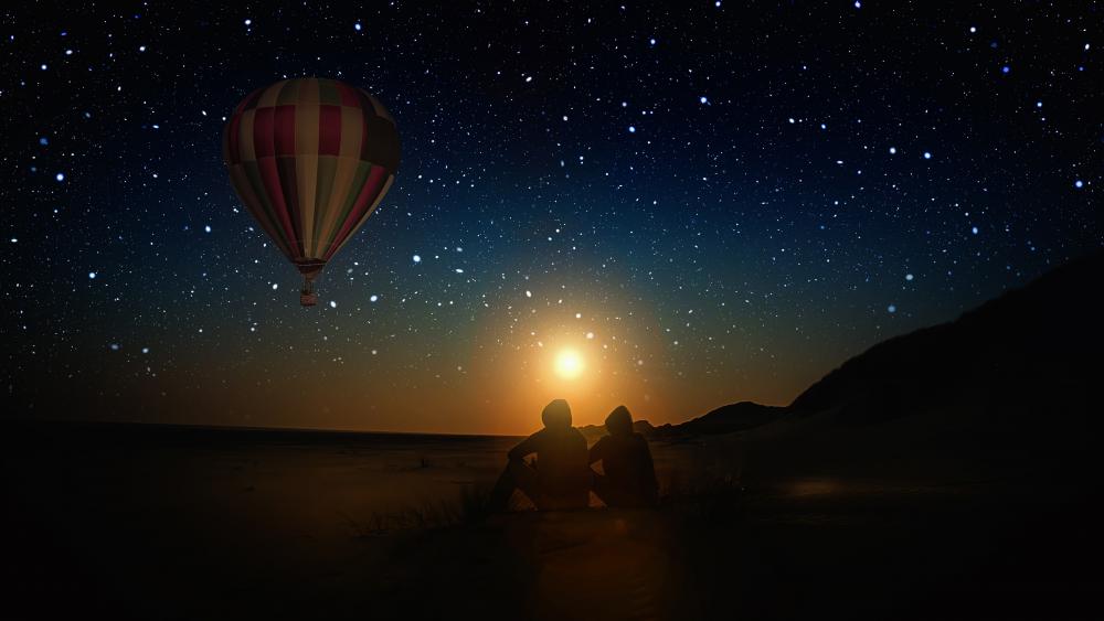 Hot air balloon on the starry night sky wallpaper