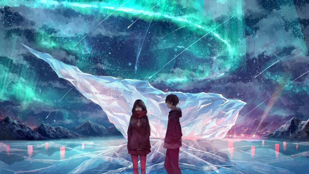 Anime girl and boy under the polar lights wallpaper