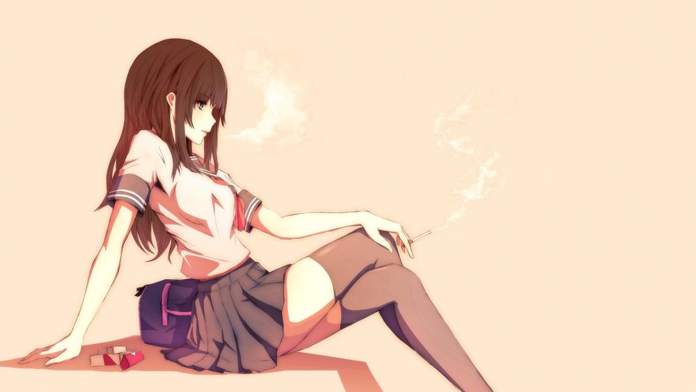 Smoking anime girl in scool unifrom wallpaper