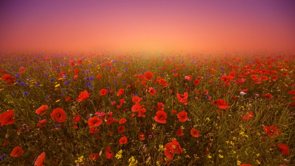 Flower field with red poppies wallpaper