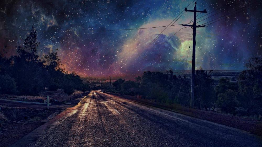 Starry Anime Road under Cosmic Skies wallpaper