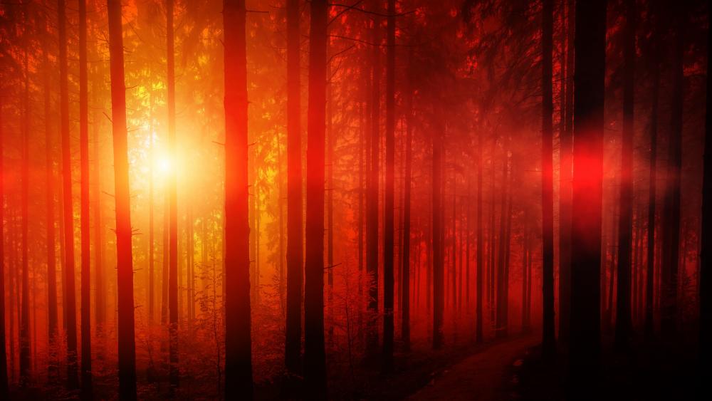 Forest in the red sunlight wallpaper