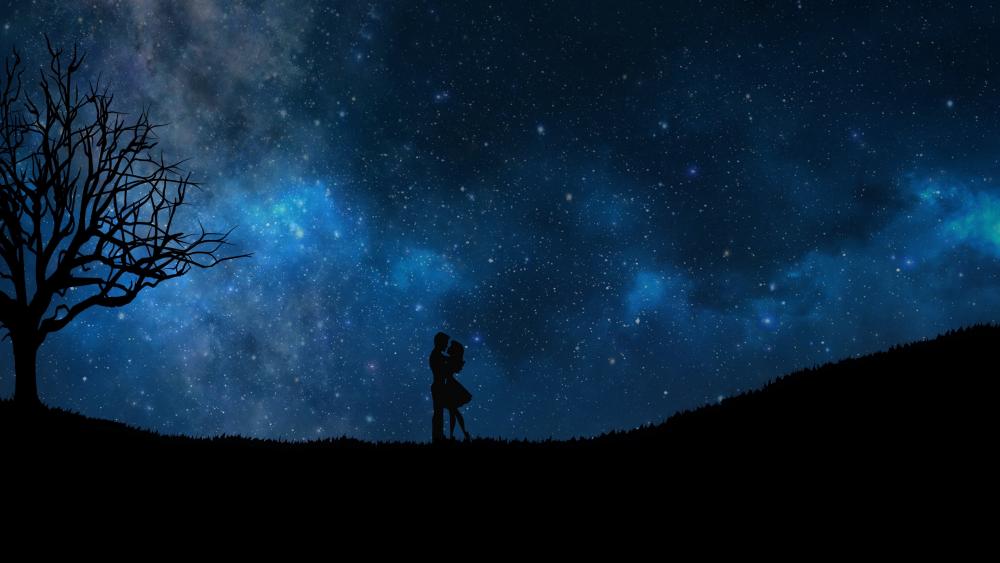 Loving couple under the starry night sky wallpaper