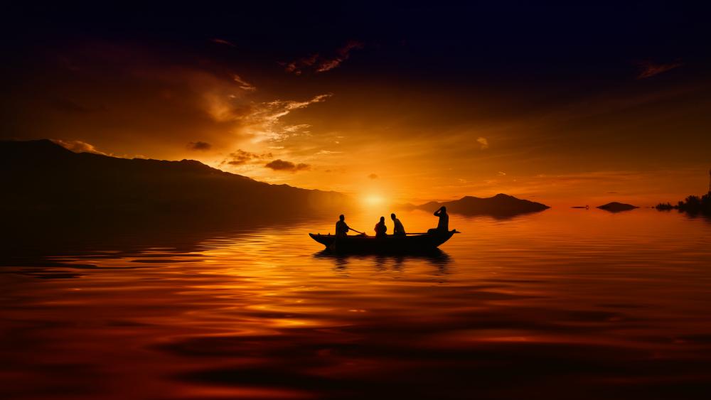 Unforgettable sunset from a boat with friends wallpaper