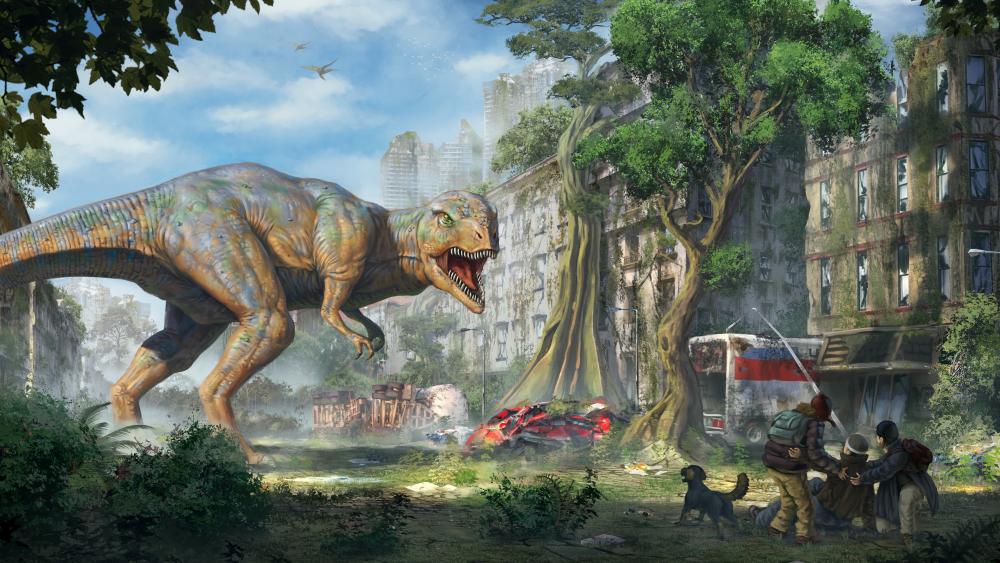 Apocalyptic dinosaur invasion wallpaper
