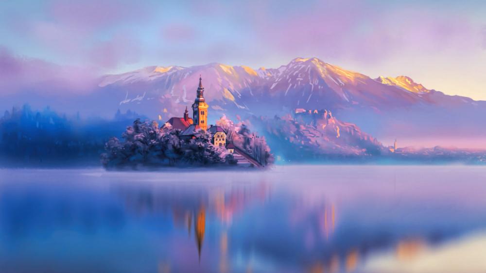 Bled Island on Lake Bled painting art wallpaper