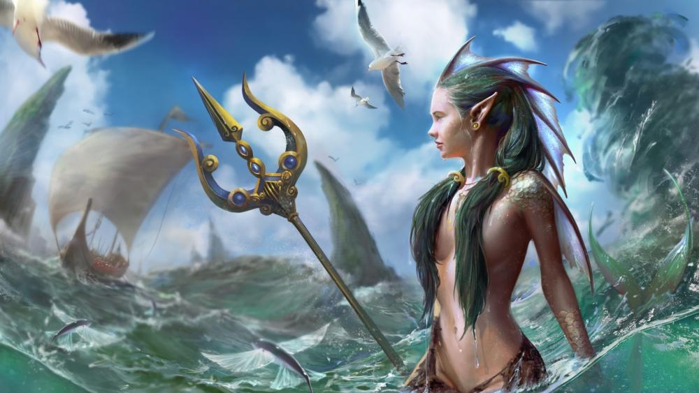 Mermaid with trident wallpaper