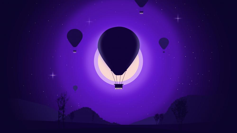 Air balloon in the moonlight minimal landscape wallpaper