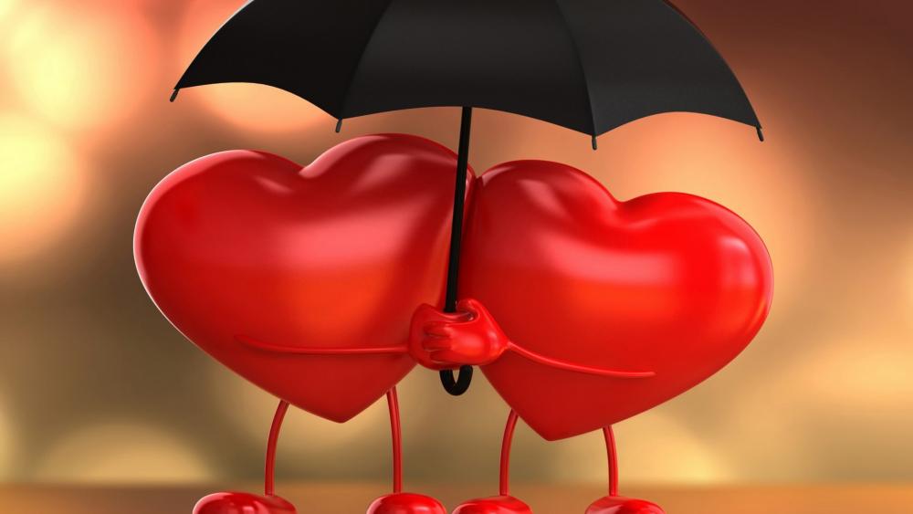 Red hearts under a black umbrella wallpaper