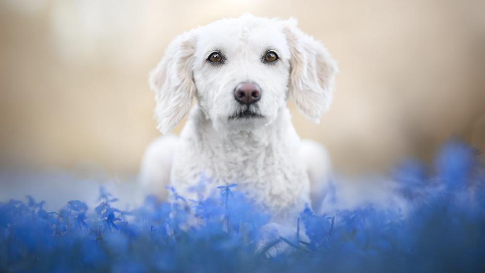 Serene White Dog in Blue Blossoms wallpaper