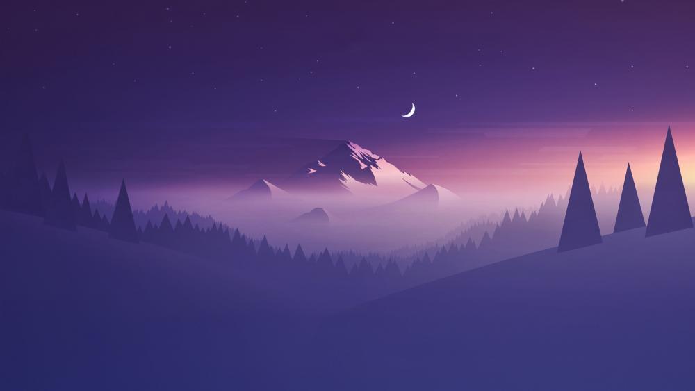 Purple minimal winter night landscape wallpaper