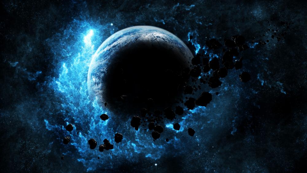 Meteorites around a blue planet wallpaper
