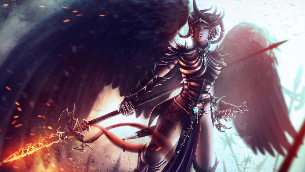 Black-winged warrior woman wallpaper