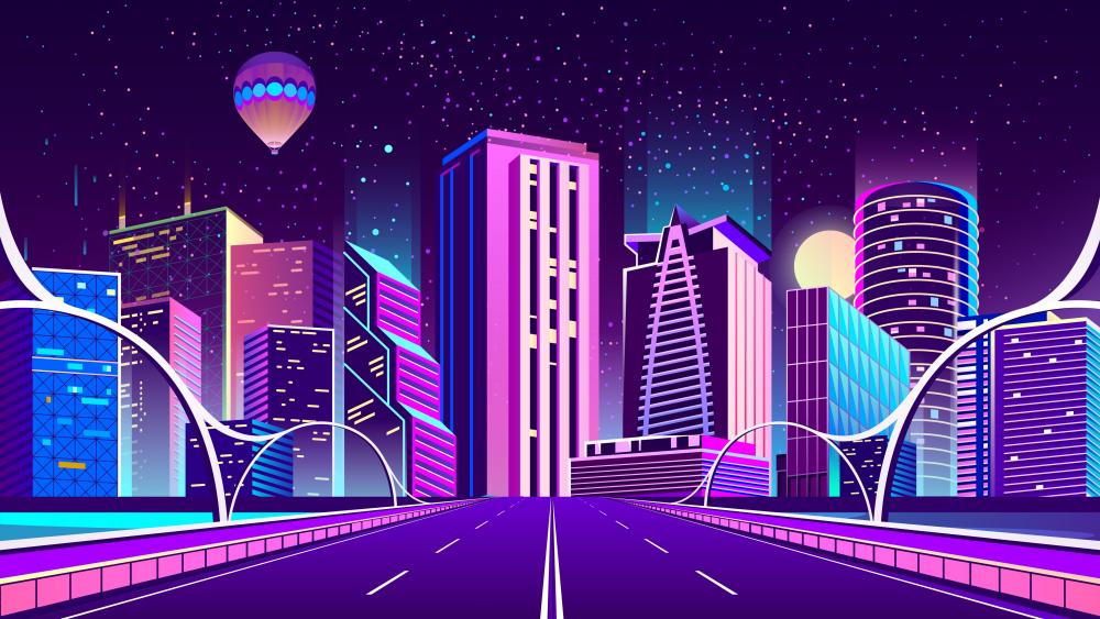 Purple metropolis digital art wallpaper