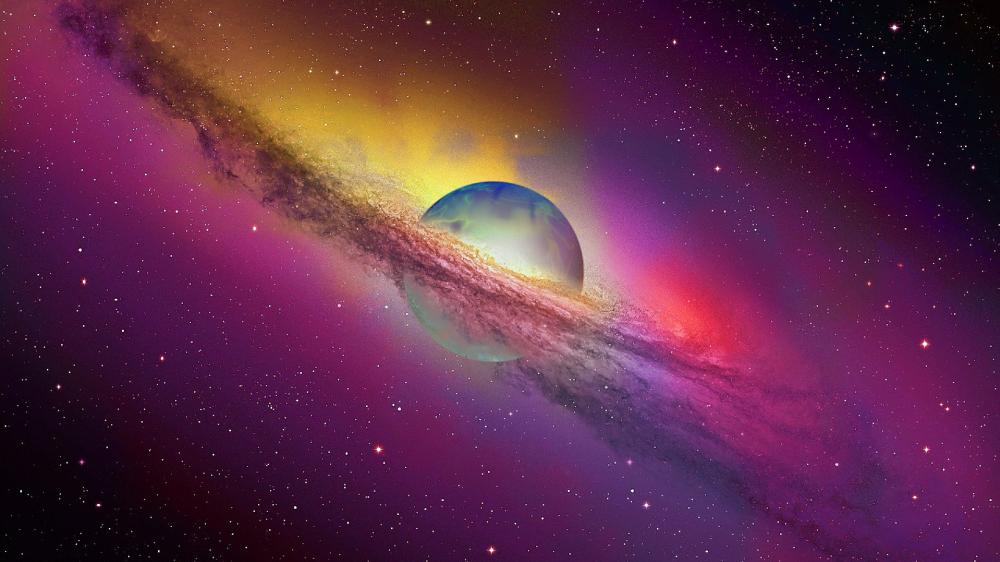 Colorful planet with asteroid belt wallpaper
