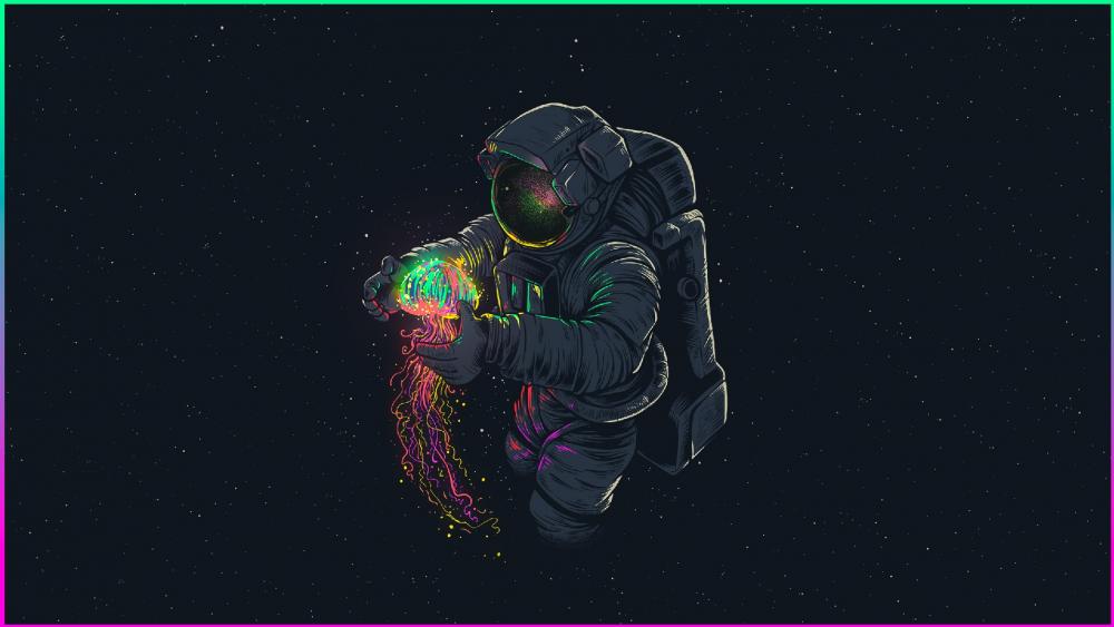 Cosmonaut with neon jellyfish digital art wallpaper