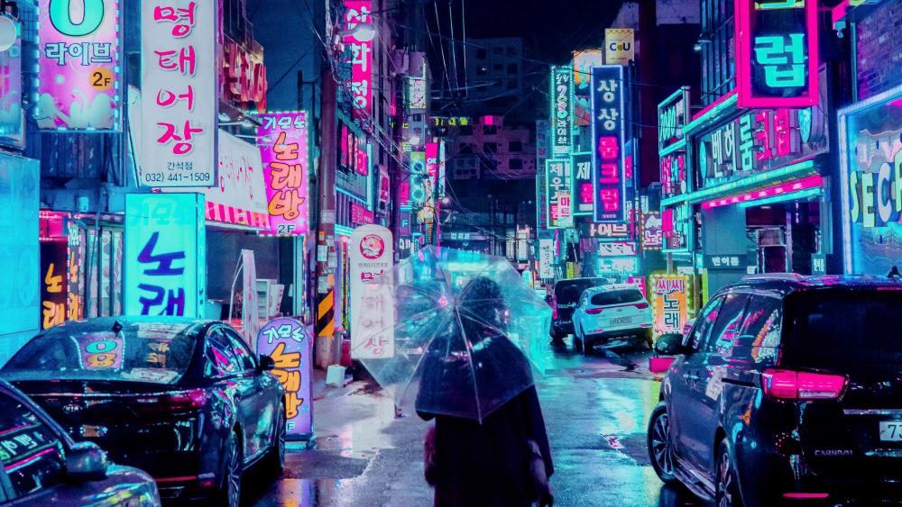 Futuristic neon city street wallpaper