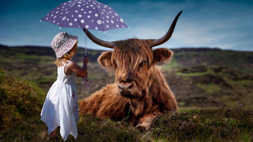 Highland cattle with a little girl wallpaper