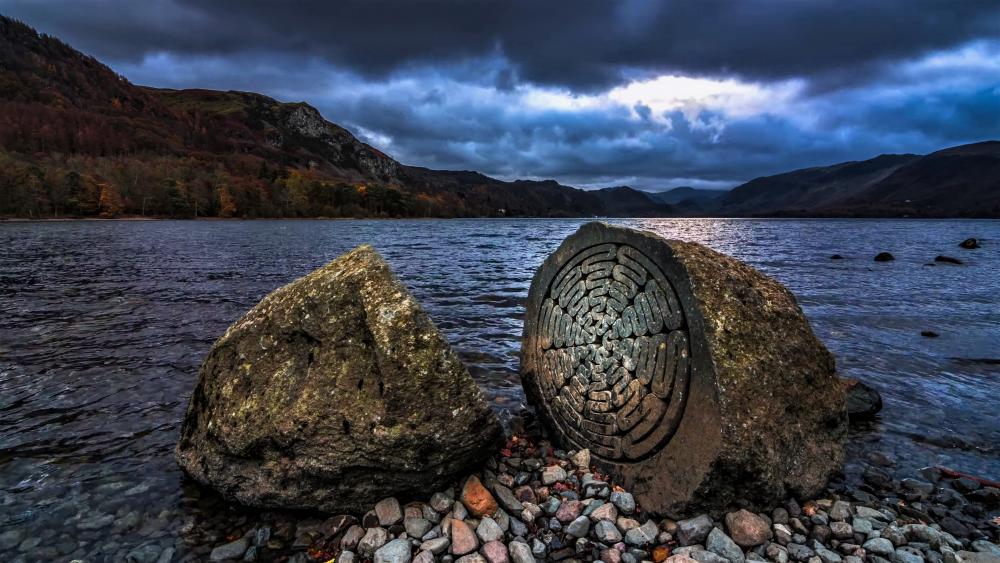 Derwentwater, Centenary stone and landscape of Lake District wallpaper
