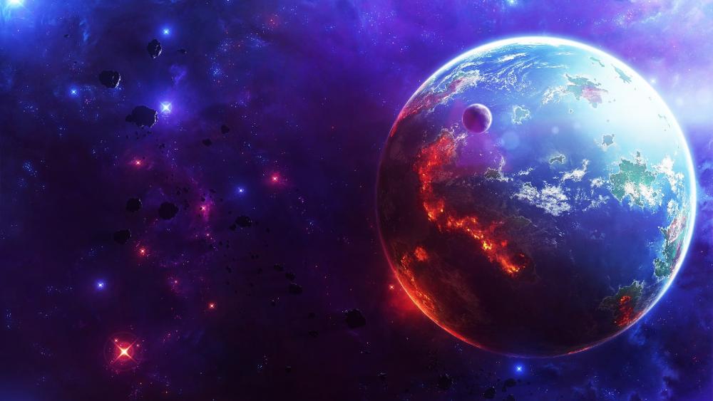 Glowing Earth and moon space art wallpaper