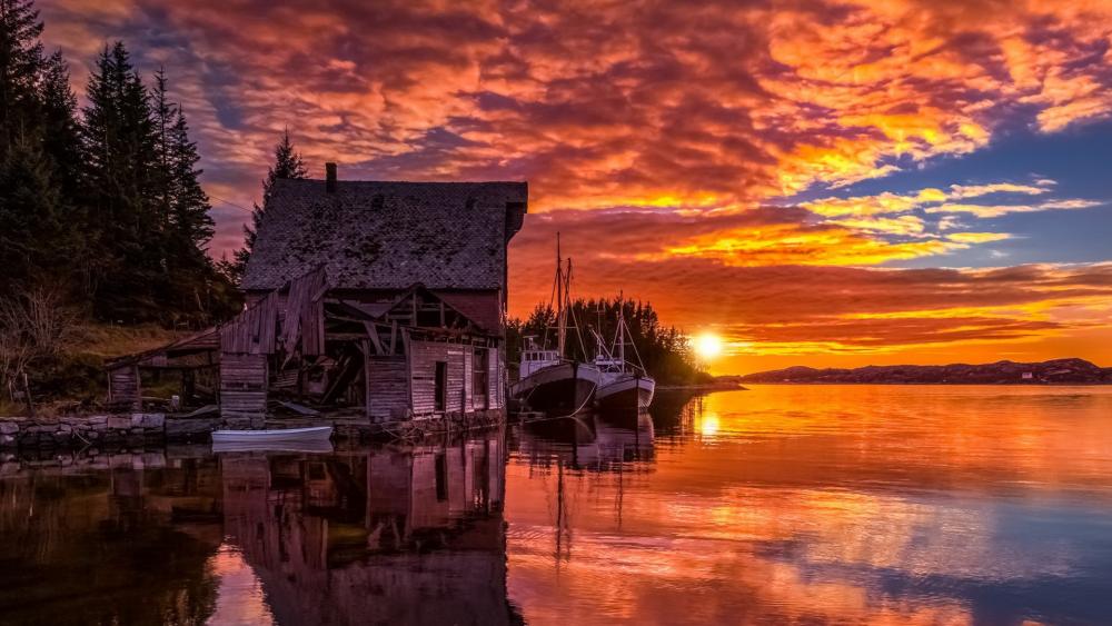 Ruins of a a boathouse wallpaper