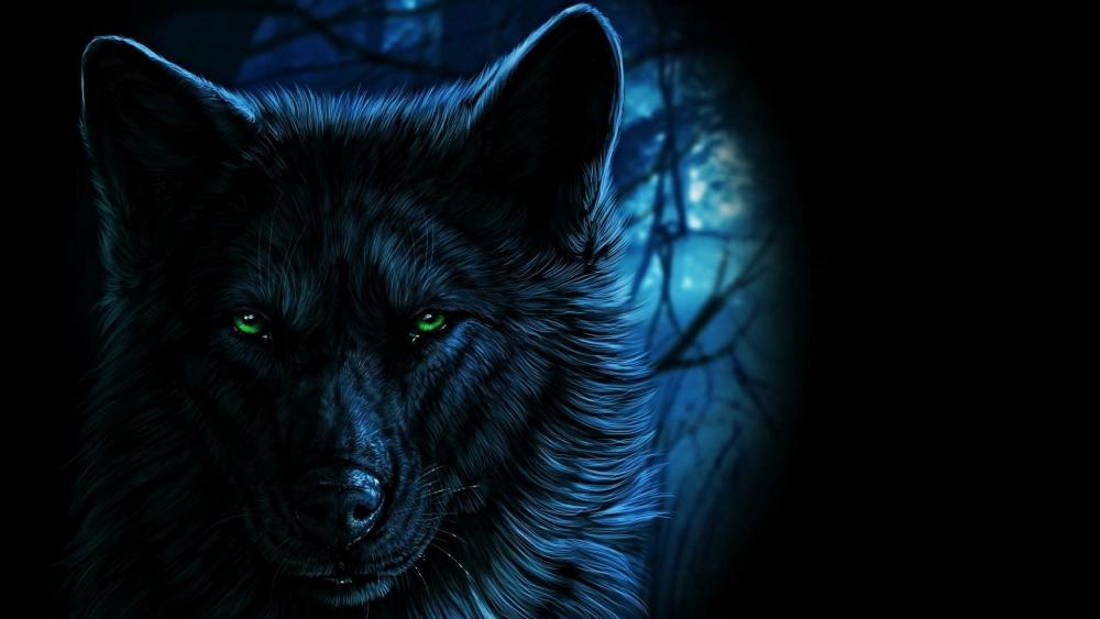 Black wolf with green eyes wallpaper