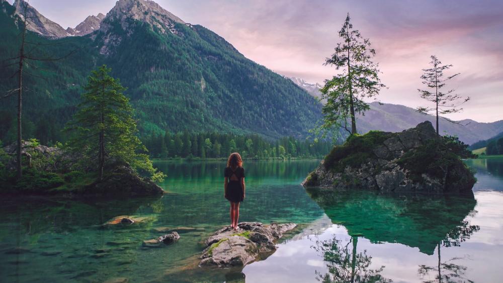 Girl standing in middle of the Hintersee Lake, Germany wallpaper