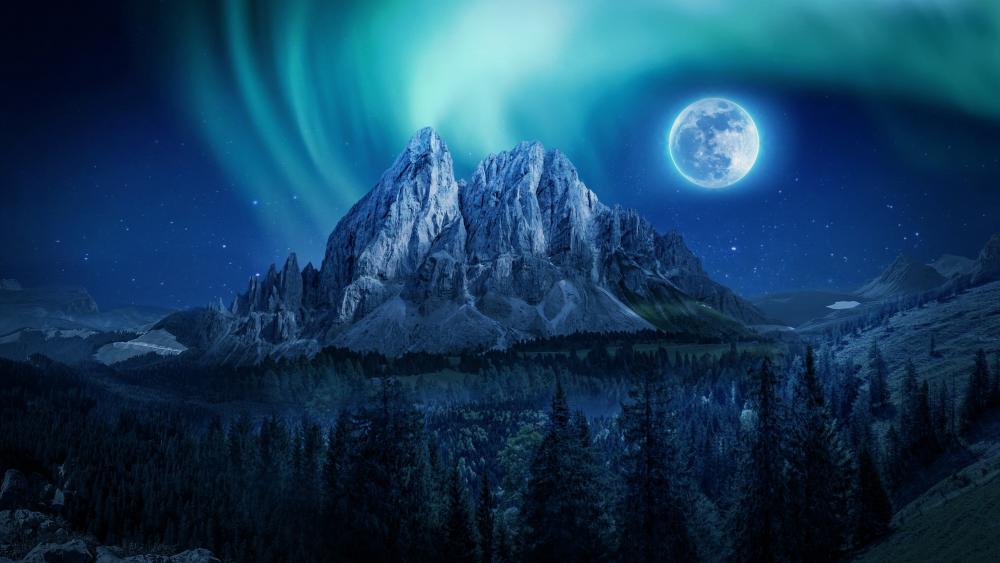 Fantasy polar lights in the moonlight above the mountain wallpaper