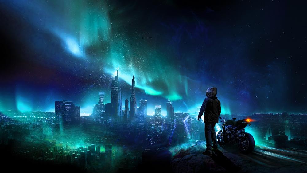 Motorcyclist watching the polar lights above the city wallpaper