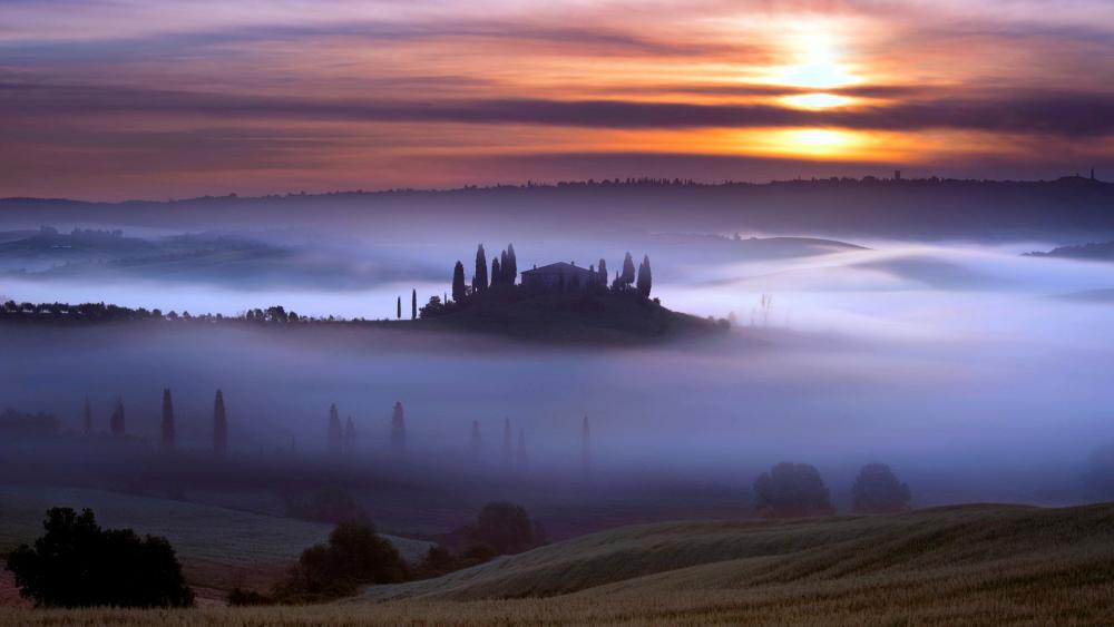 Podere Belvedere in the fog (Tuscany) wallpaper