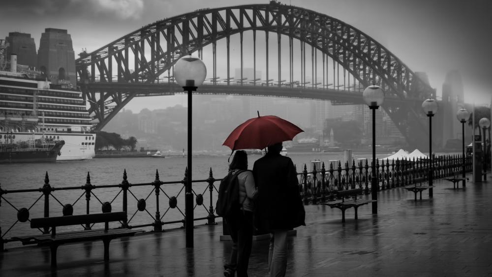 Rainy Day Stroll by the Bridge wallpaper