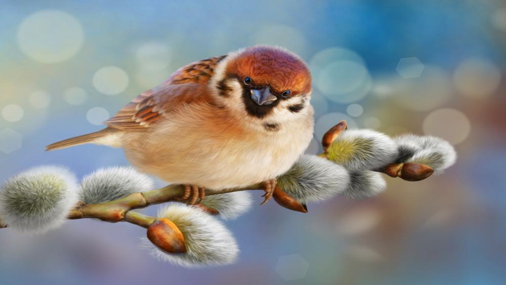 Gentle Sparrow on Blossoming Branch wallpaper