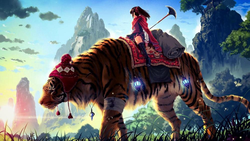 Majestic Tiger Ride in Enchanted Mountains wallpaper
