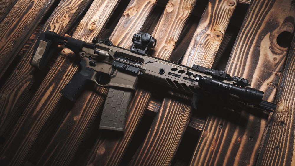 Tactical Precision Weapon Displayed on Rustic Wood Surface wallpaper