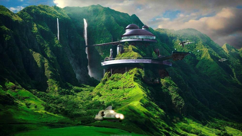 Verdant Sci-Fi Utopia Amidst Majestic Waterfalls wallpaper