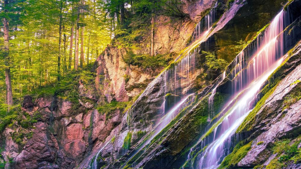 Tranquil Waterfall Amidst Lush Forest Greens wallpaper