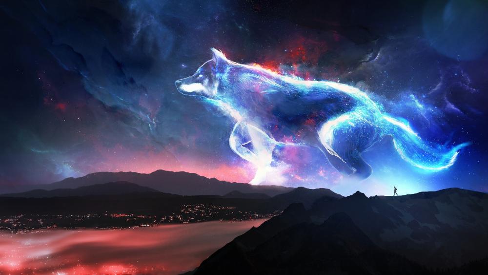 Fantasy wolf on the night sky wallpaper