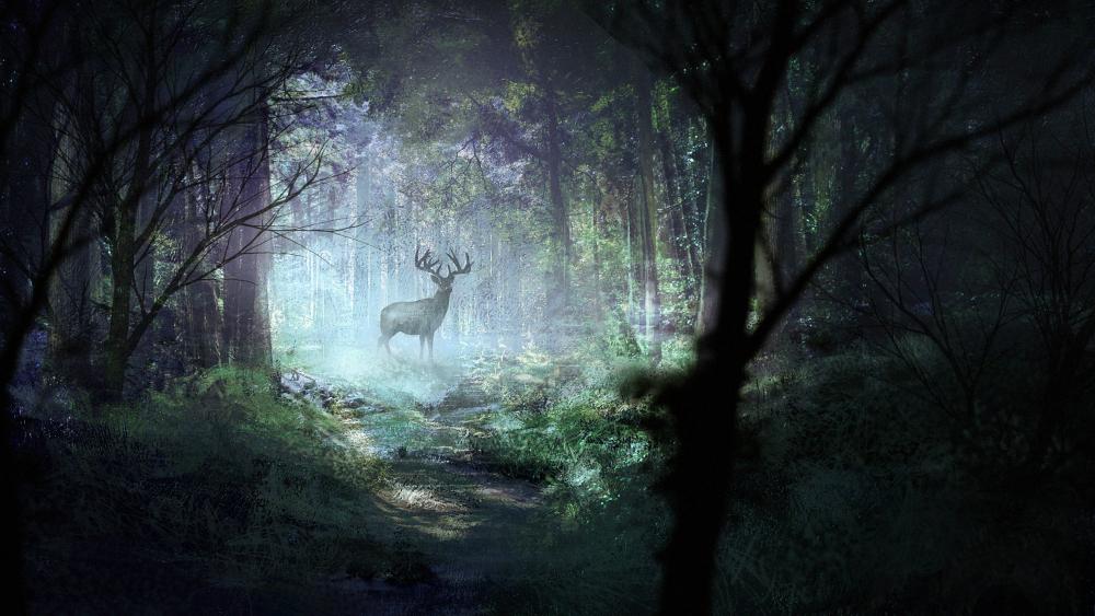 Lighting Deer in Forest wallpaper