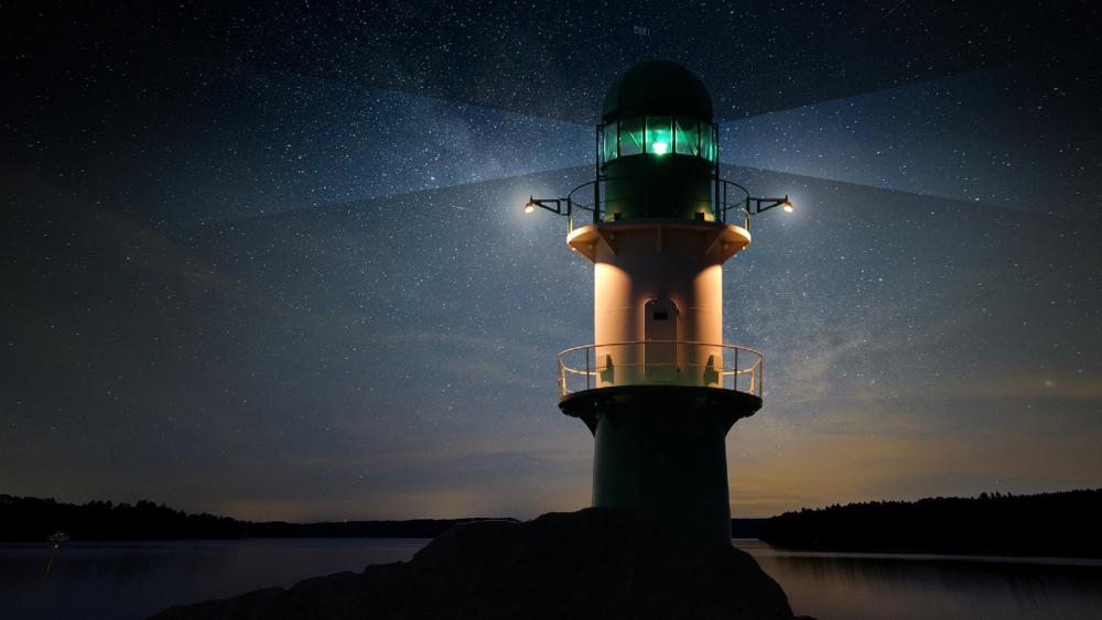 Lighthouse Under Starry Night Sky wallpaper