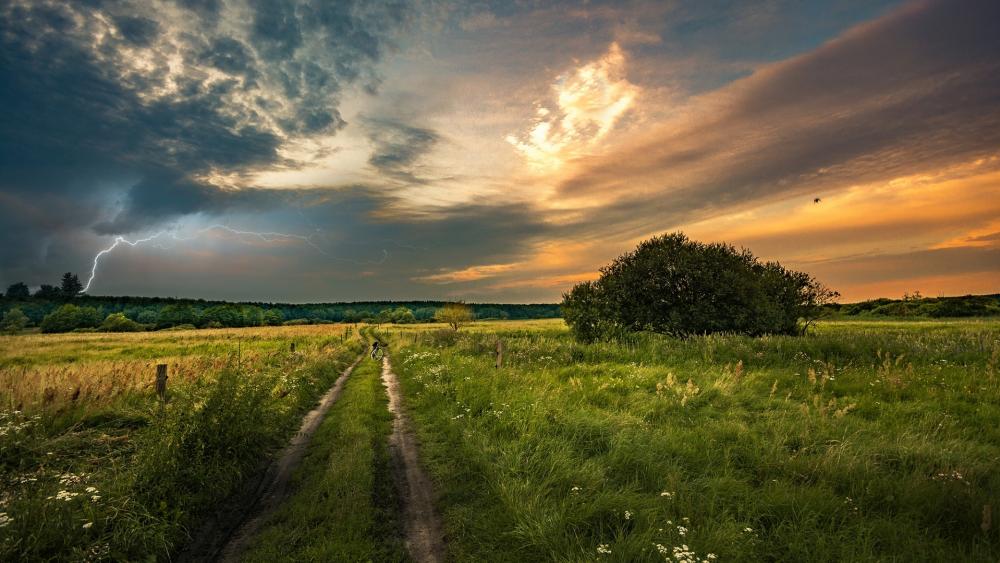 Stormy Sunset Over Verdant Fields wallpaper