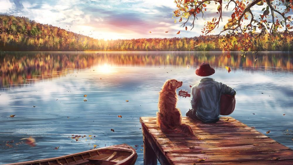 Autumn Serenity with Man's Best Friend wallpaper