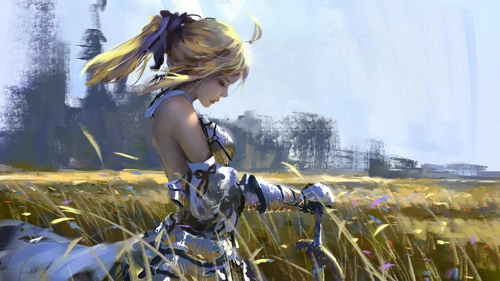 Ethereal Warrior in a Meadow of Dreams wallpaper