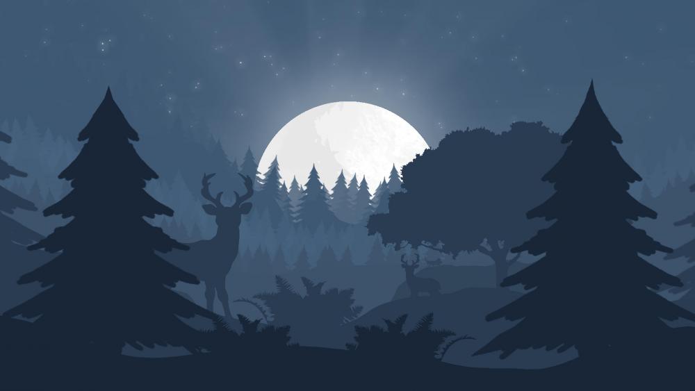 Deers in the night forest minimal landscape wallpaper