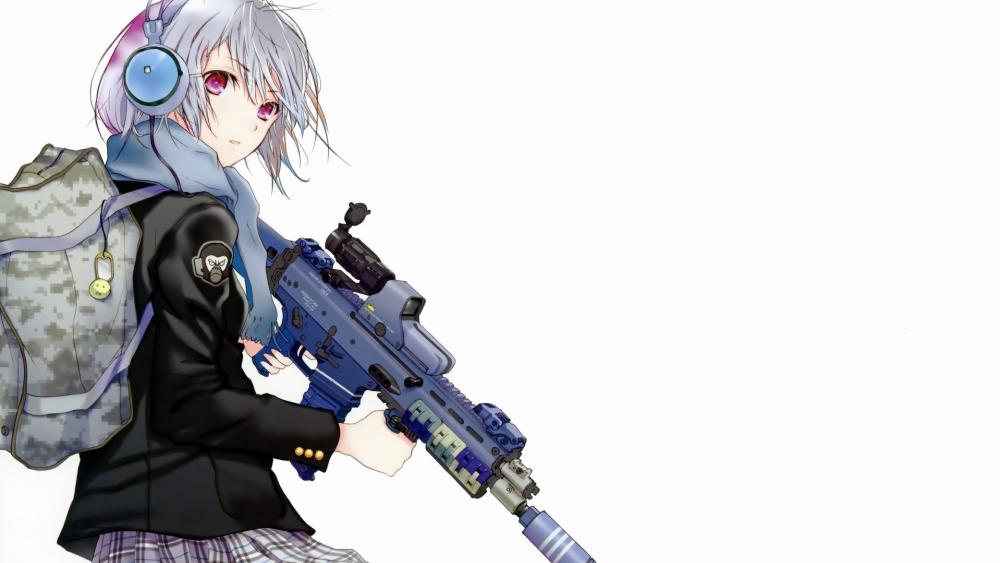 Anime Girl with Headphones and Firearm wallpaper
