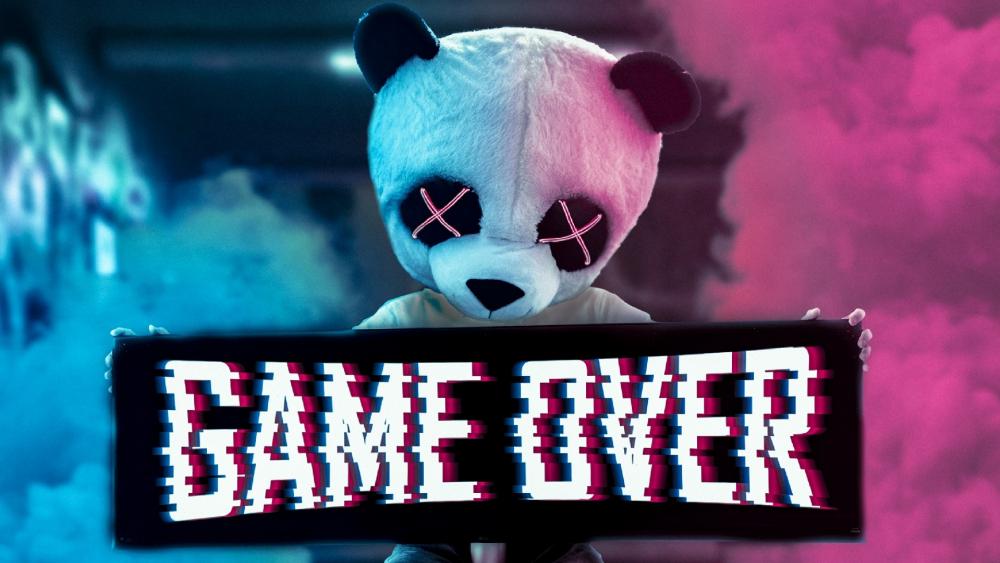 Panda Mascot Holding Game Over Sign wallpaper