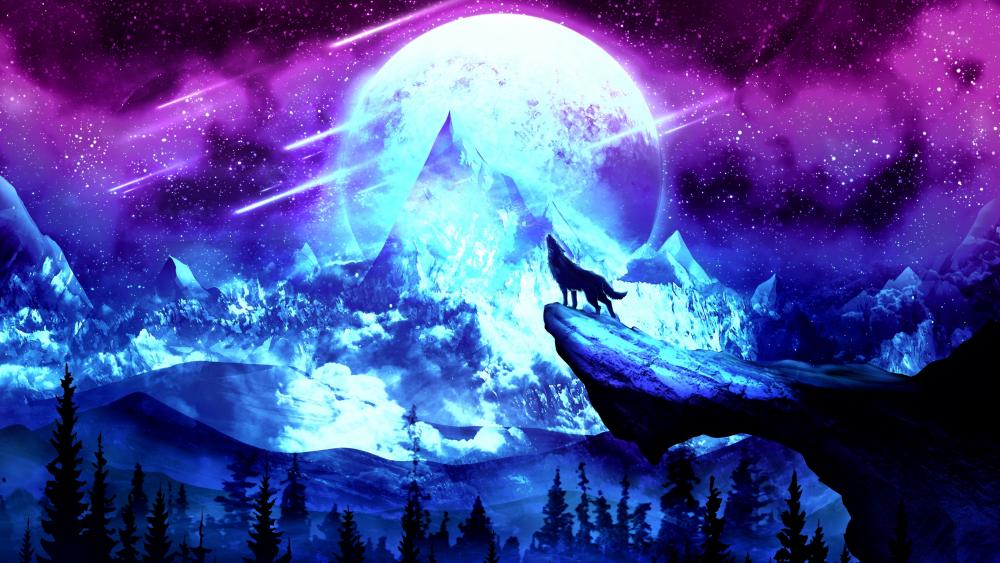 Mystical Wolf and Cosmic Mountains wallpaper